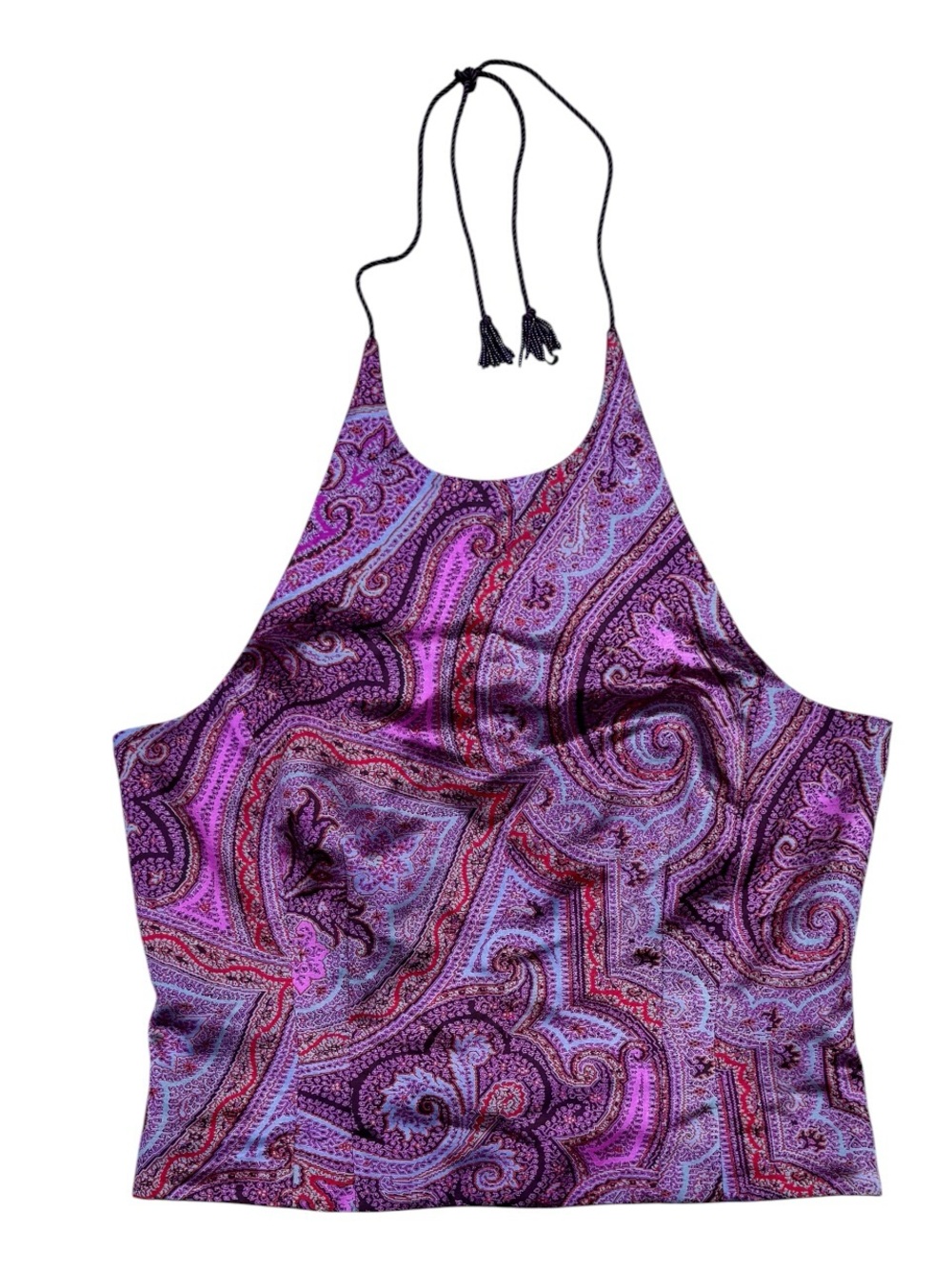 Y2K Ann Taylor Paisley Jacquard Halter Top - Purple Beaded Tassel - 12